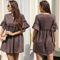 summer new style european and american solid color round neck horn short sleeved loose dress with wooden ears