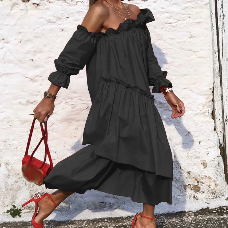 

Elegant Solid Color Ruffle Long Dress Women One Shoulder Lantern Sleeve Irregular Dress Fashion Casual Holiday Beach Loose Dress