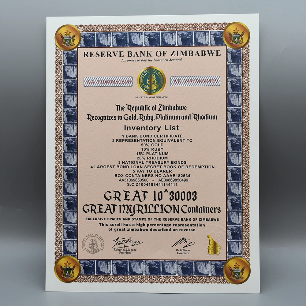 

Great Zimbabwe One Myrillion Containers Certificate Paper Notes Inventory List 30003 Zeros Dollars Fluorescent Watermark UNC
