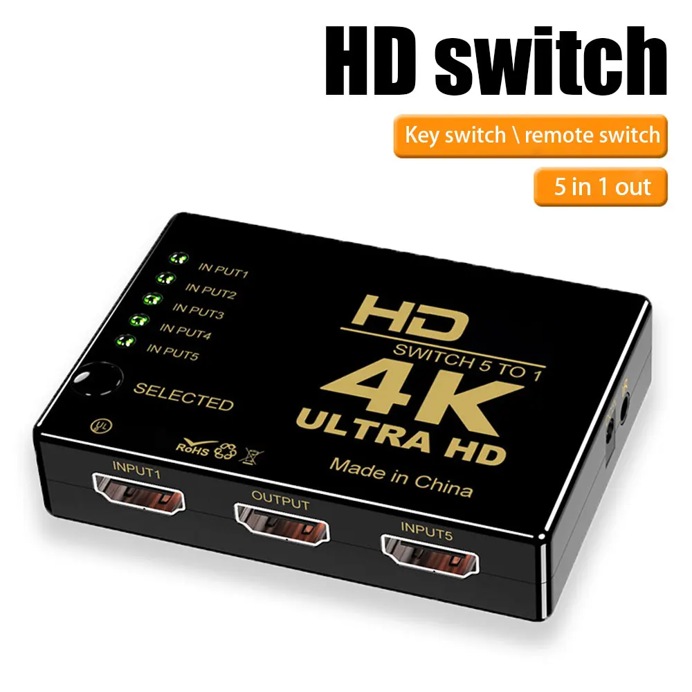

4K HD Video Switch Box Hub 5 to 1 Auto Switch Selector 3D Infrared Remote HDTV HDMI-Compatible Cable Splitter Switcher