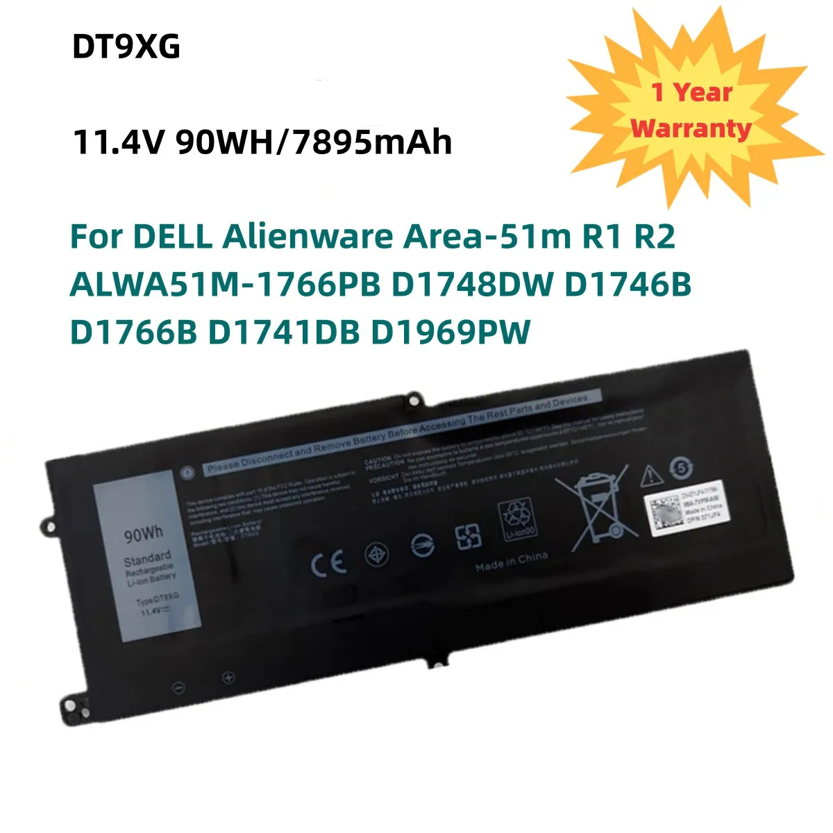 Аккумулятор DT9XG для DELL Alienware Area-51m R1 R2 ALWA51M-1766PB D1748DW D1746B D1766B D1741DB D1969PW P38E 0KJYFY 07PWX