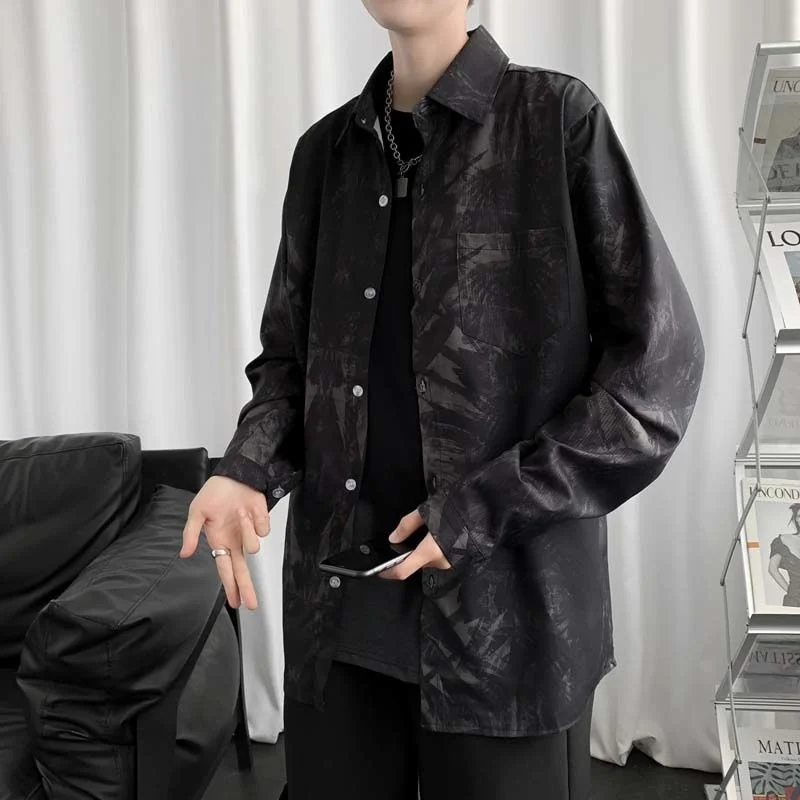 Spring Long Sleeve Shirts Men Fashion Retro Print Casual Shirts Mens Japanese Streetwear Loose Black Dress Shirts Men M-2XL