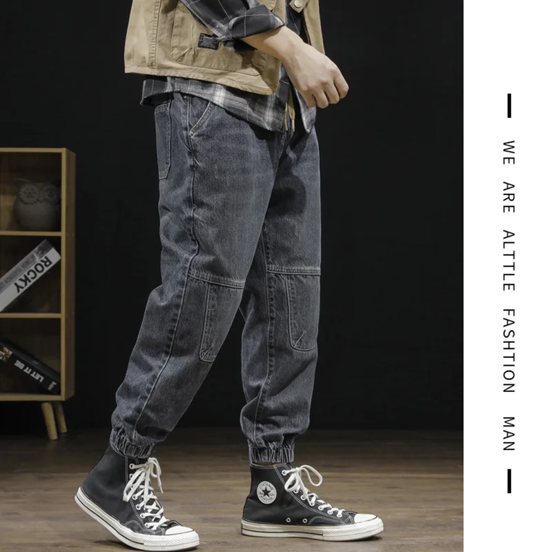 Men Clothing Autumn and Winter Straight Loose Splicing Cylinder Jeans Vintage Comfortable Navy Blue Large Harun Trousers Female