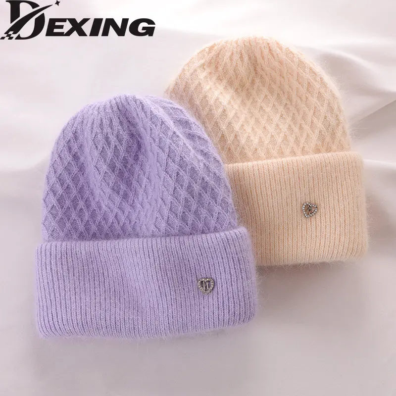 

2022 Angora Rabbit Fur Winter Hat for Women Wool Soft Warm Fluffy Skullies Beanies Thick Ski Knitted Hat Cashmere Beanies