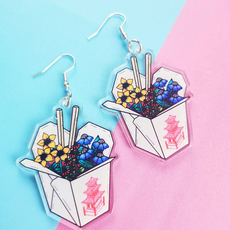 

New Creative Chinese Bento Fun Acrylic Earrings Suitable for Women's Personalized Creative Anime Jewelry As Gift