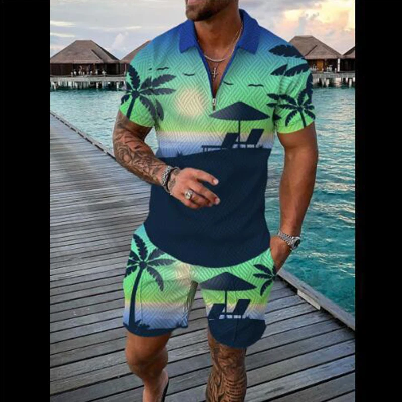 2022 New Summer Men Sport Suit 2 Piece Sets Short Sleeve Polo Shirt Men Short Pant Male Coconut Tree Casual Oversized Clothes
