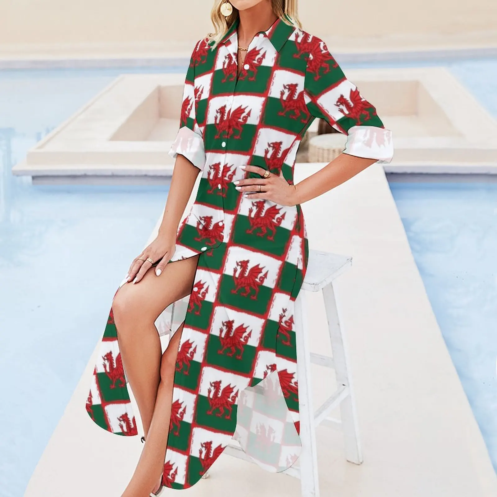 Y Ddraig Goch красный дракон гранж валлийский флаг с длинным рукавом платье-рубашка