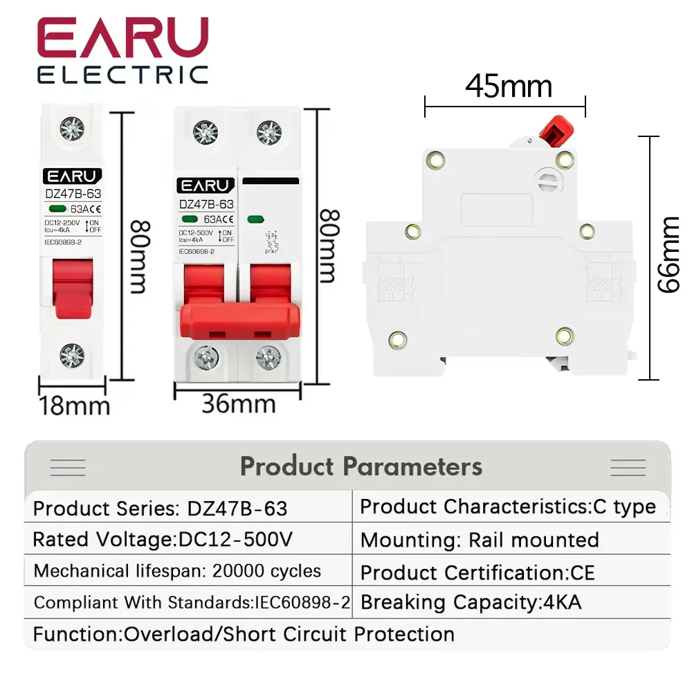 1P 2P DC 12V 24V 6A-63A MCB Battery Car Protector Positive And Negative Pole Protection Switch Isolator Min Circuit Breaker