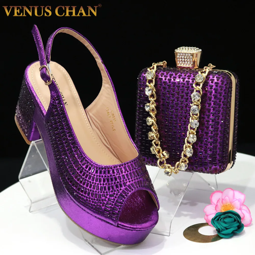 Venus Chan Latest Elegant Wedding Shoes for Women 2023 Platform High Heels Purple Full Drill Shoes With Matching Bag for Ladies