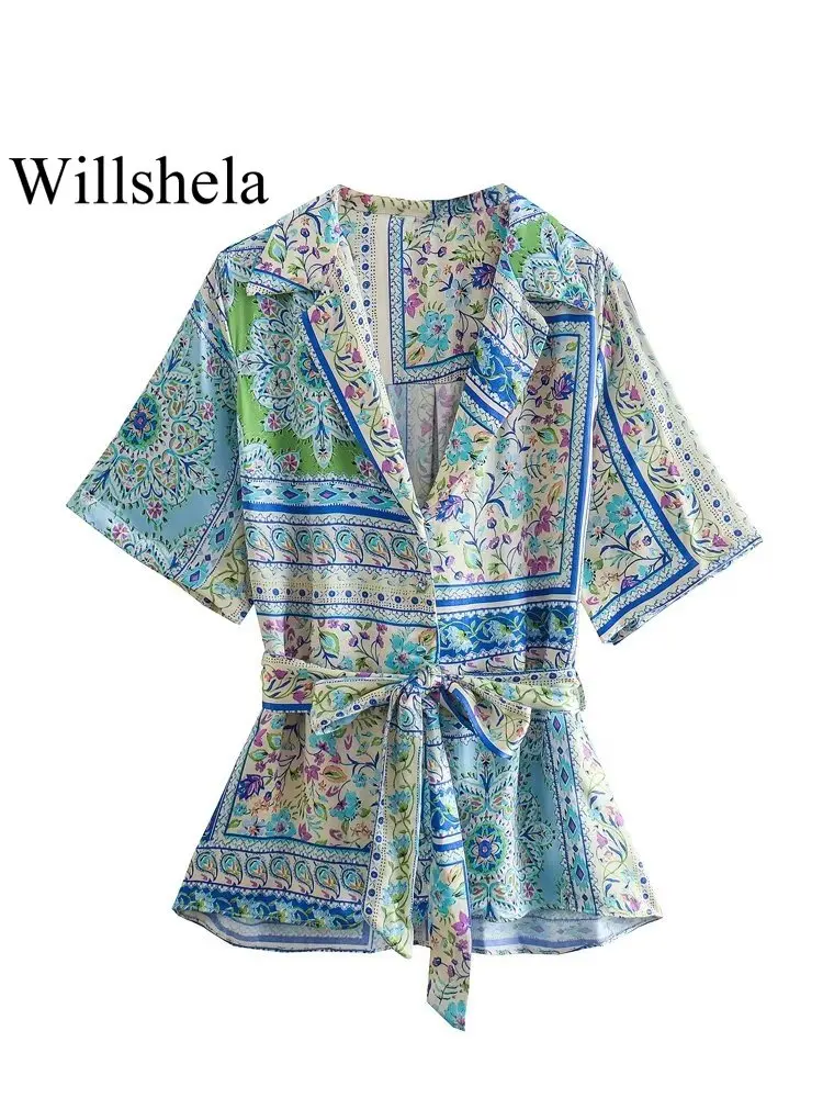 

Willshela Women Fashion With Belt Printed Single Breasted Blouse Vintage Long Sleeves V-Neck Female Chic Lady Shirts Outfits