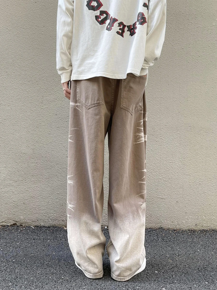 Four Seasons European and American Tie Dye Jeans Men's High Street Vibe Straight Loose Pants Wide Leg Pants Fashion Streetwear