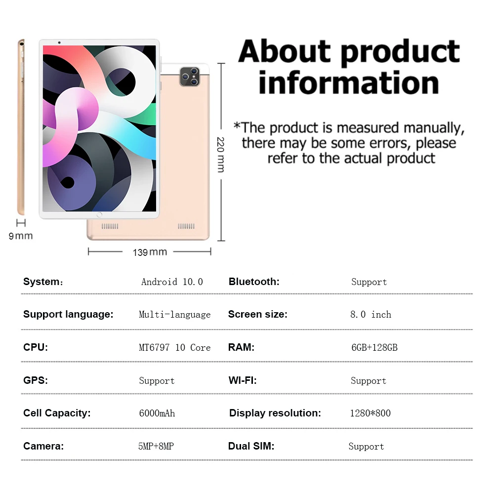 p80 tablet 8 inch tablets 6gb ram 128gb rom 10 core tablete android 10 gps android tablet windows dual phone call tablet pc free global shipping