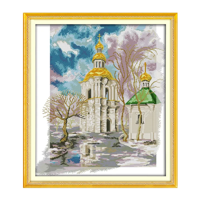 

Winter castle cross stitch kit lanscape garden 14ct 11ct count printed canvas stitching embroidery DIY handmade needlework