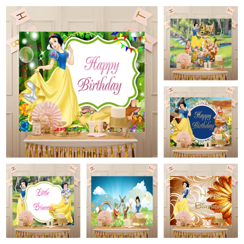 

Disney Cartoon Custom Girls Princess Party Backdrop Snow White and The Seven Dwarfs Background for Girls Birthday Backdrops
