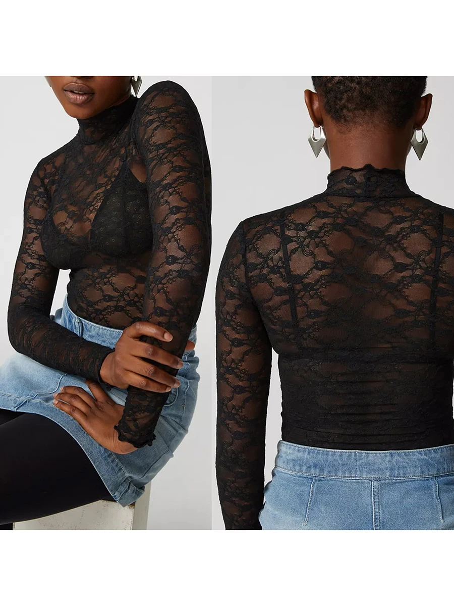 Прозрачная сетчатая женская футболка с длинным рукавом и ложным воротником