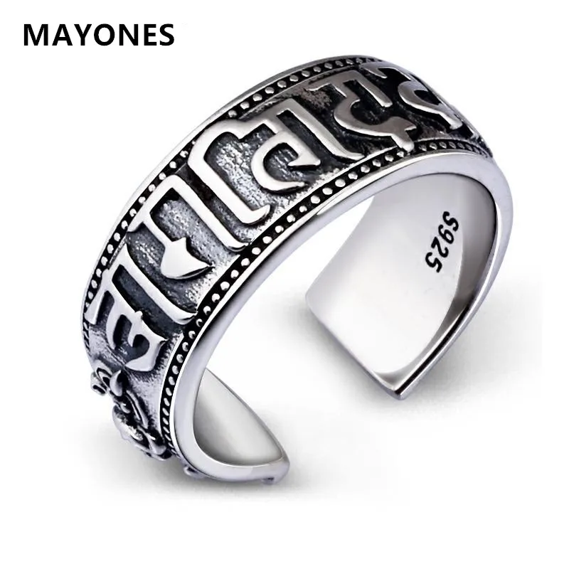 

MAYONES S925 Silver Mantra Saint Religious Ring Thai Silver Six-character Mantra Cylinder Opening Adjustable Ring Jewelry