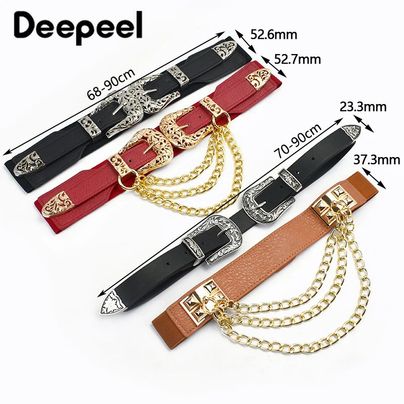 1pc 4*68cm Women Elastic Double Buckle Belts Cummerbunds Chain Ladies Waistband with Dress Fashion Decoration Punk Belt Corset - купить по