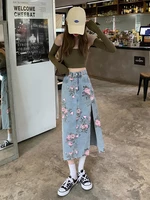 feynzz 2022 spring and summer trendy flower split denim skirt womens 5xl slightly fat mm thin bag hip mid length a line skirt