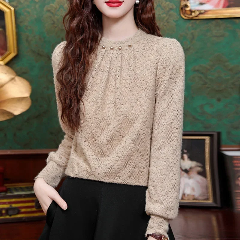 Новая кружевная женская блузка с круглым вырезом и бисером длинным рукавом