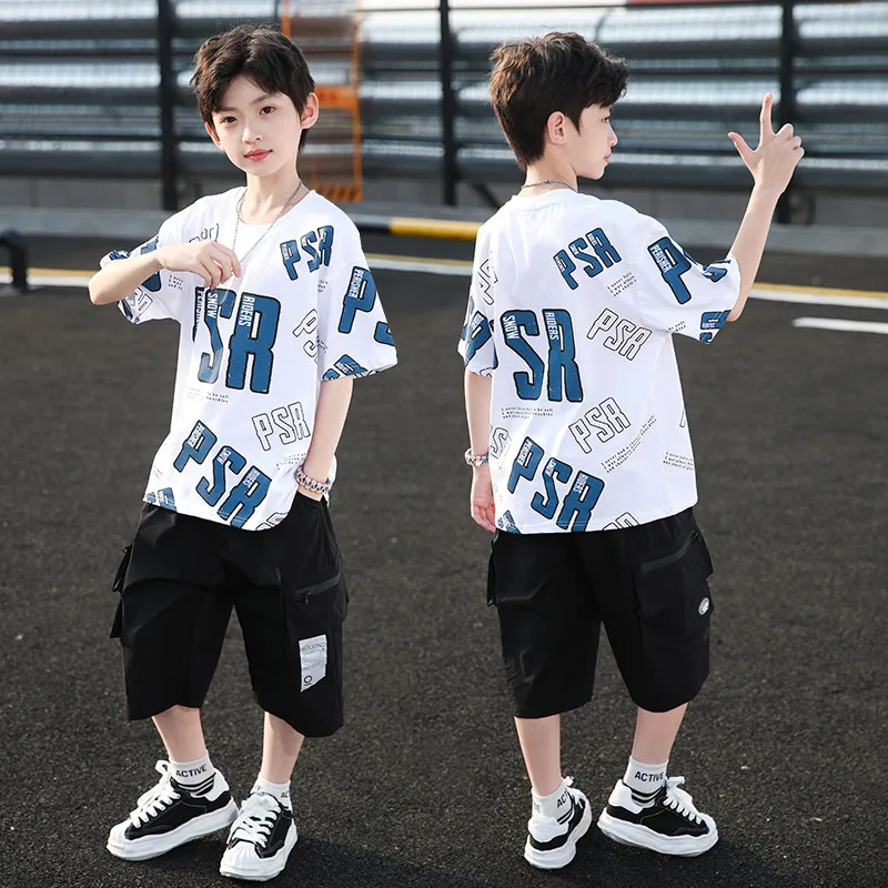 Summer Beach Boy Clothes Set 2pcs Casual Outfit Kids Cargo Pants+ Letter Print Pullover T-shirt Top Children Tracksuit Teen Suit