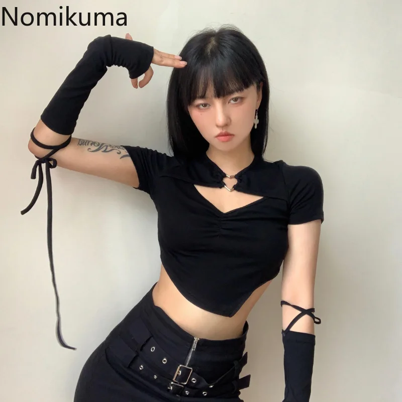 

Nomikuma Camisetas De Mujer Hollow Out Асимметричный кроп-топ с кулиской Женская Сексуальная винтажная модная повседневная Уличная футболка для женщин