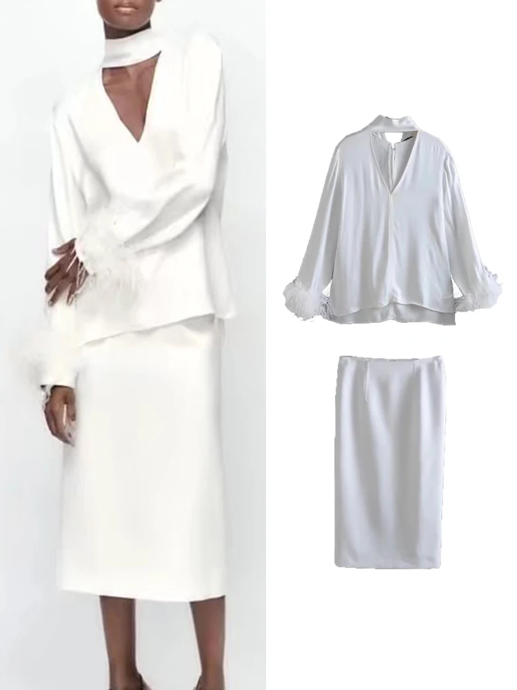 

Женский однотонный комплект из юбки и топа, с длинным рукавом и перьями