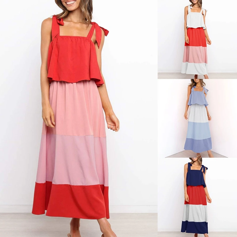 

Elegant Patchwork Spaghetti Strap Lace Up Bow Long Dress Women Summer Casual High Waist Robe Maxi Dress