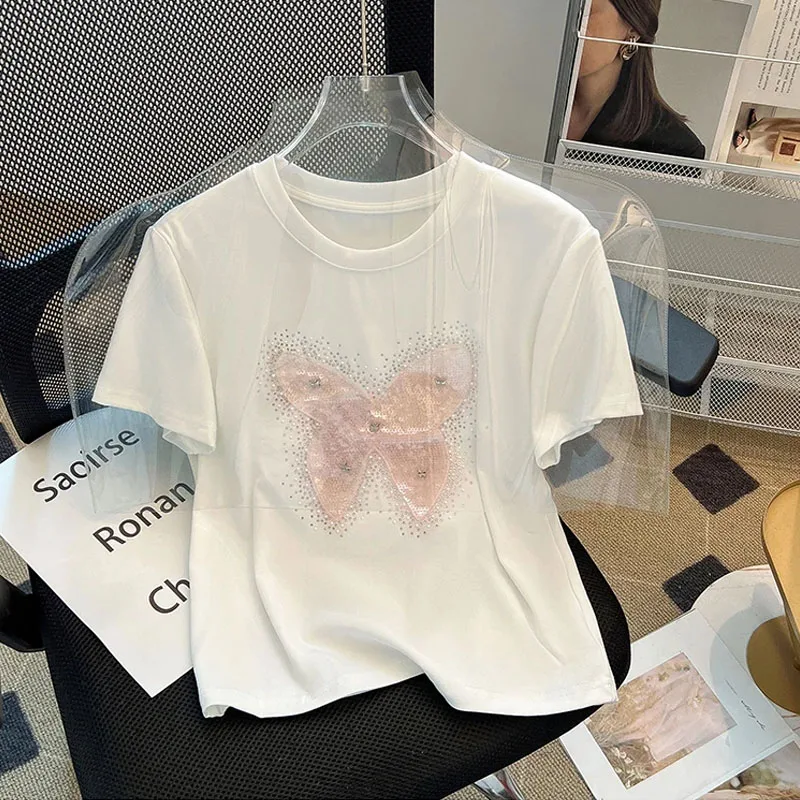 Женская дышащая футболка с коротким рукавом белая и розовая бабочками стразами