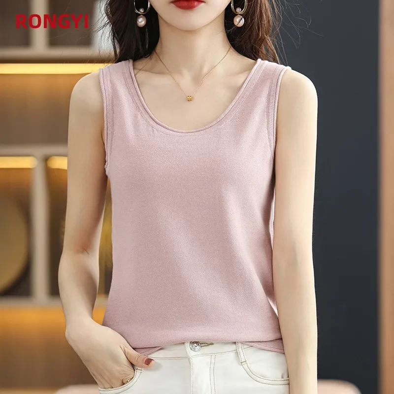 

RONGYI 100% Cotton Summer Knitted Women's T-Shirt With O-Neck Hemmed Suspenders Relaxed Casual Age-Reducing And Fashionable Top