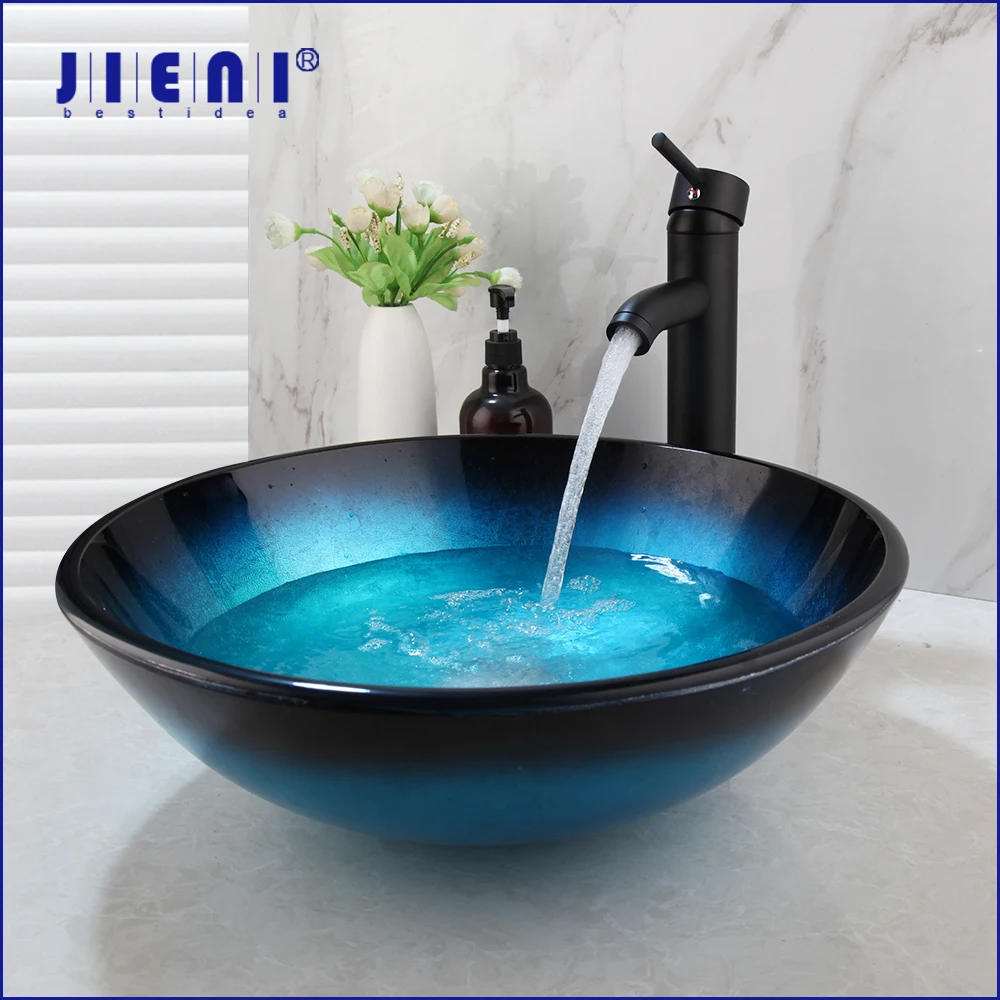 

JIENI синий стеклянный набор из закаленного стекла для умывальника, раковины для ванной с матовым черным смесителем, кран для ванной комнаты, ...