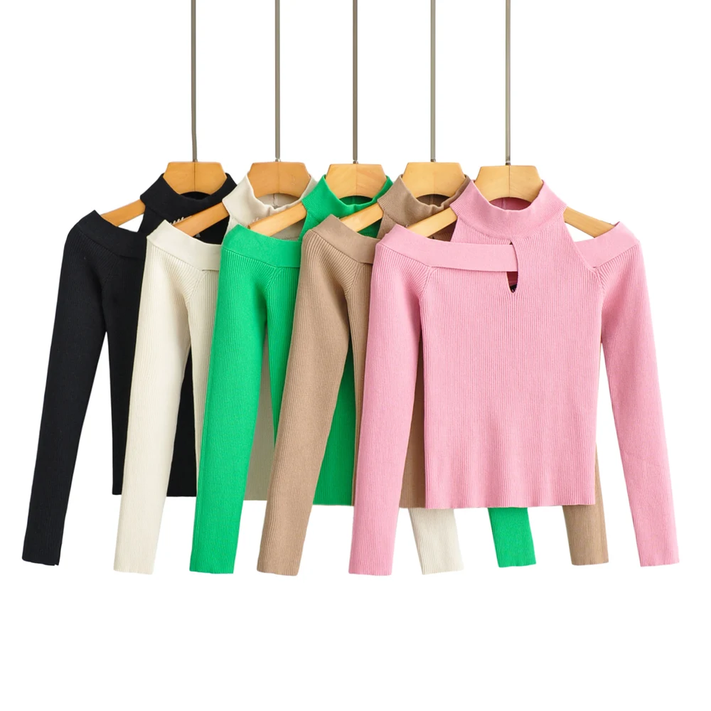 

Women Cold Shoulder Long Sleeve Sweaters Spring Autumn Knitted Stretchable Pink Pullovers Cross Tops