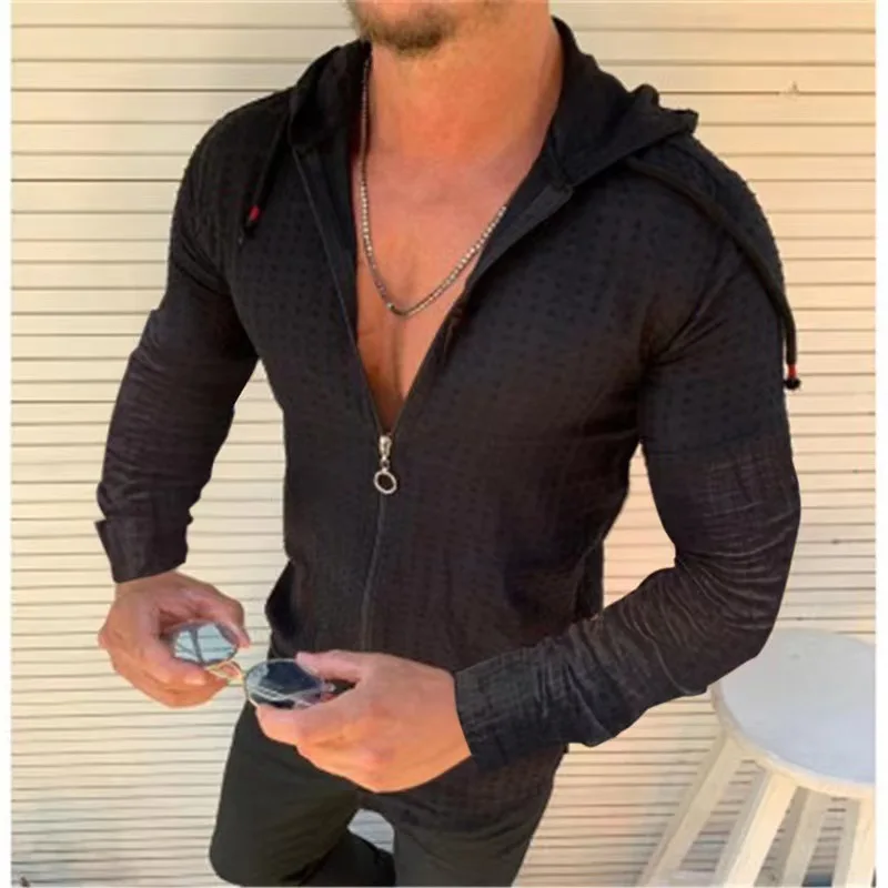 

Men Fashion Long/Short Sleeved Hoodie Zipper T shirt clothing Summer Solid Color Casual Plaid Print Open Stitch Thin Tshirt Men