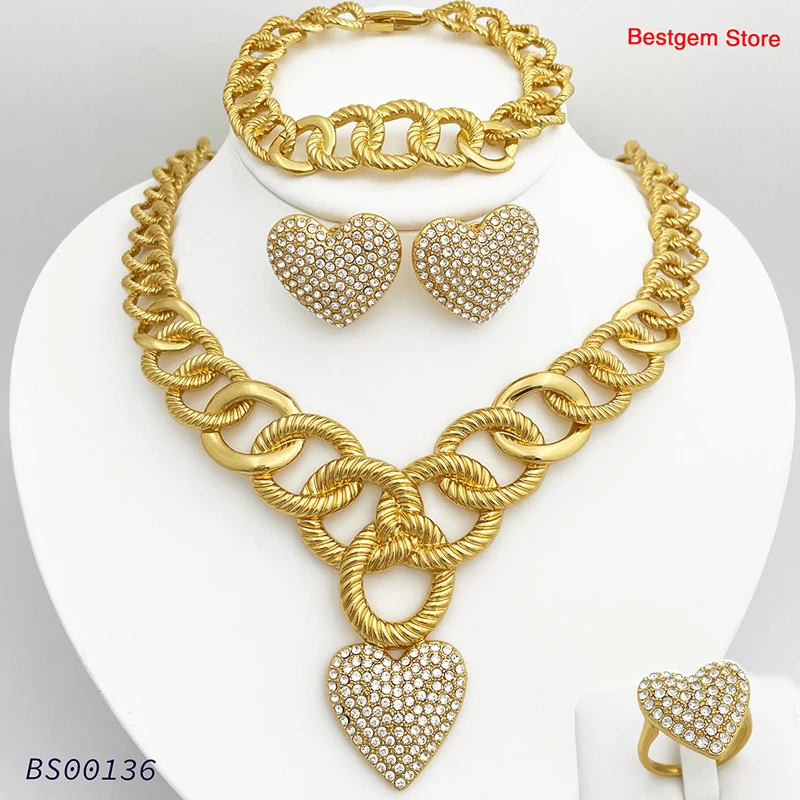 

High Quality Fashion Luxury Jewelry Set Ladies Heart Shaped Necklace Ring Earring Bracelet Set Best Gift for Wedding Party