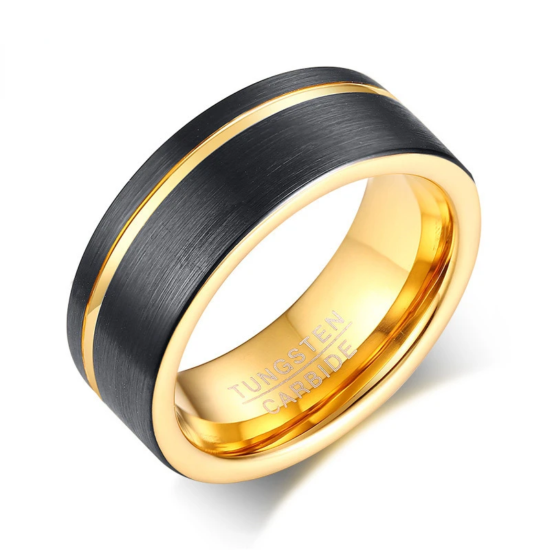 

Tungsten Carbide Mens Rings 8MM Matte Black Gold-color Anti-scratch Waterproof Not Fade Party Wedding Bands Trendy Male Metal