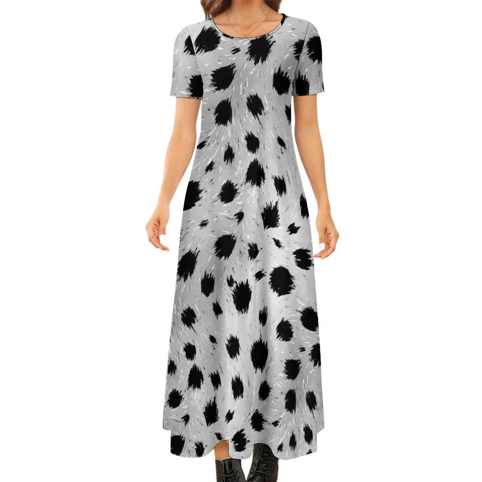 

Dalmatian Spots Print Dress Black and White Cute Maxi Dress Funny Boho Beach Long Dresses Female Short Sleeve Oversized Vestido