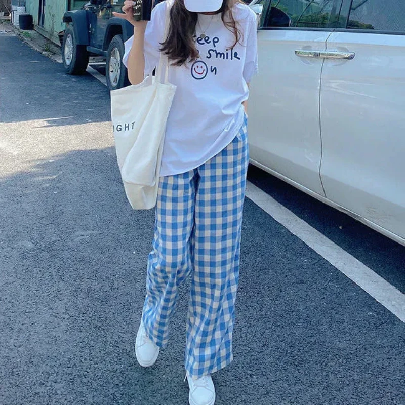 

Harajuku Blue and White Plaid Pants Women Casual Oversize Wide Leg Trousers Korean Retro Teens Hip-hop Unisex Straight Trouser