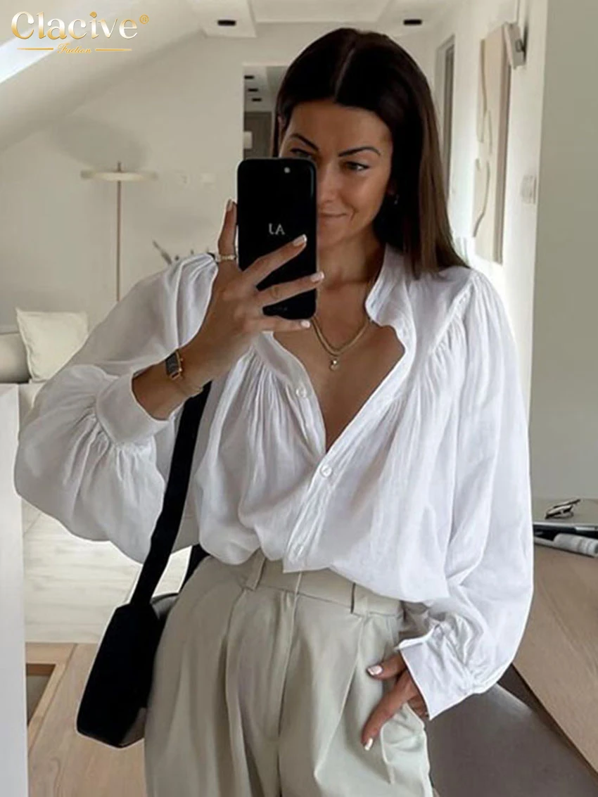 Clacive повседневная свободная белая хлопковая женская блузка 2025 модная рубашка с