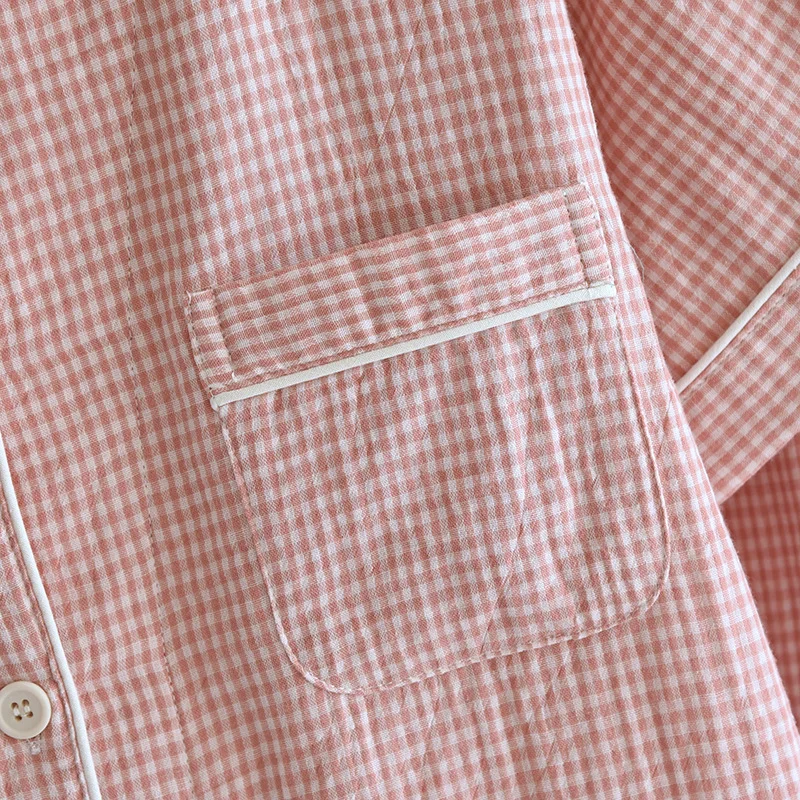 Fashion Plaid Pyjamas Femme Summer Short Sleeve Capris Pant Suit Double Layer Cotton Home Wear Clothes Women's Pajamas Set