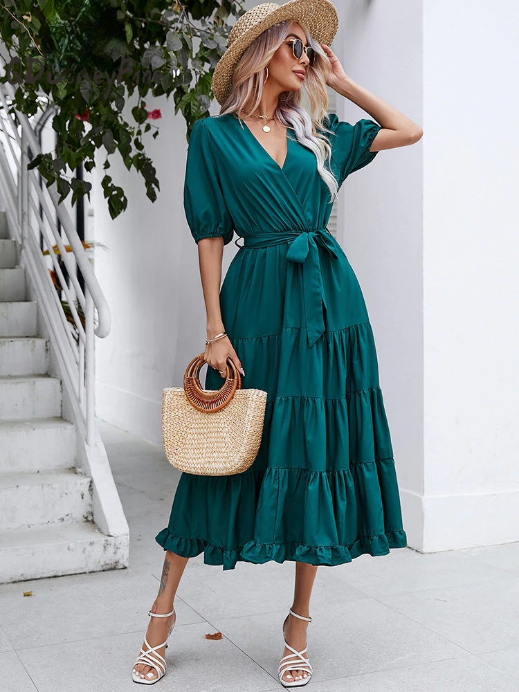 

Summer Dress Women 2023 New In Ruffle Short Sleeve Casual V-Neck Solid Belt A-Line Holiday Female Midi Long Dresses for Women