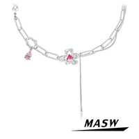 masw fashion jewelry one layer chain necklace popular style brass metal pink zircon flower charm women necklace hot sale