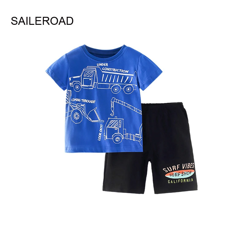 

Детская летняя одежда SAILEROAD, футболка с мультяшным экскаватором и штаны, детский комплект одежды с короткими рукавами, спортивный костюм для подростков