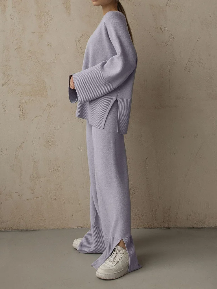 Women Knitted Pants Sets Lilac Casual Loose Two Piece Sweater Sets 2022 Autumn Winter Sweater Pullover and Wide Leg Pants Suits