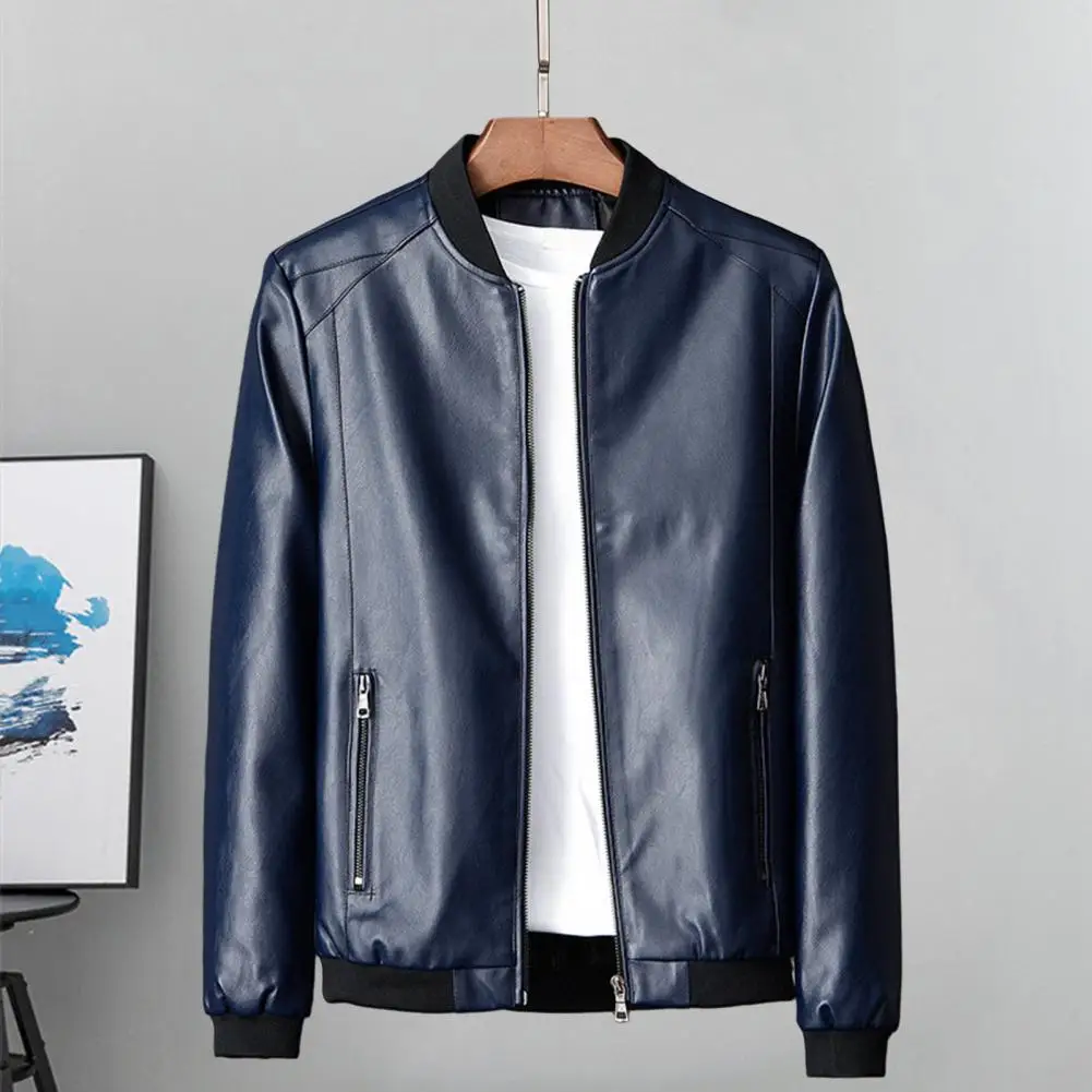 

2023 Men's Autumn And Winter Coat Jacket Faux Leather Windproof Stand Collar Long Sleeve Solid Color Zipper Pocket Men's Jacket