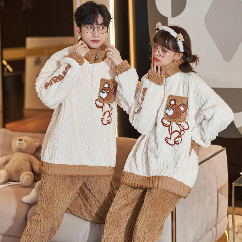 Winter Thicken Couple Pajamas Sets Women Men Sleepwear Kawaii Bear Soft Couples Cartoon Pajama Man Homewear Sets Pyjamas Suit