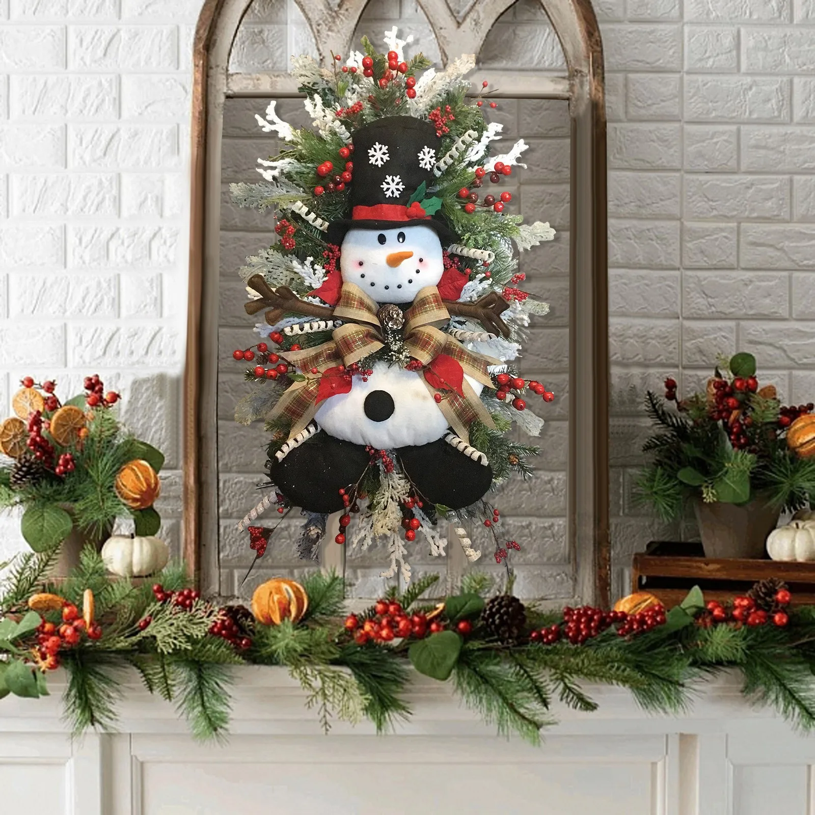 

55x40cm Christmas Snowman Wreath Traditional Christmas Advent Wreath, Artificial Decorative Wreath for Christmas Door Decor
