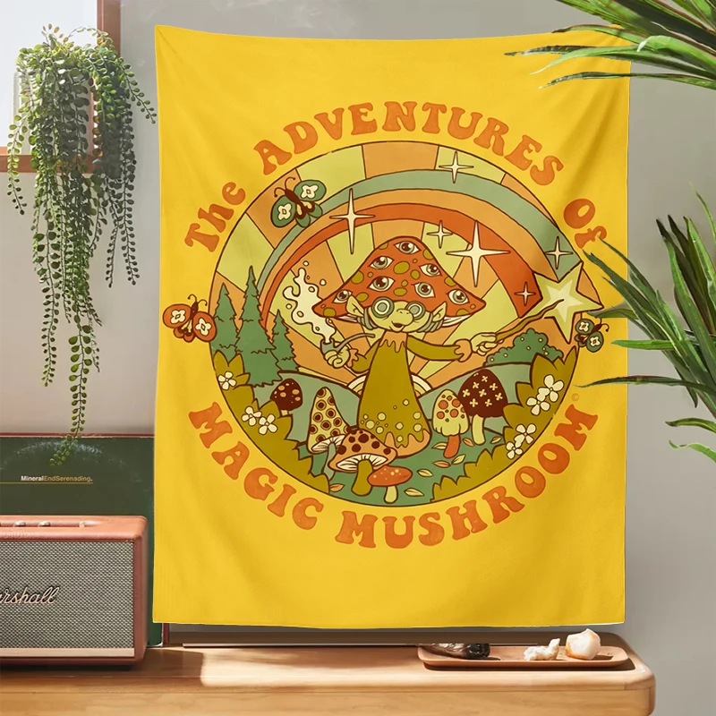 

Retro Mushroom Tapestry Wall Hanging Magic mushroom 70s Hippie Cartoon Tapestries Psychedelic Witchcraft Home Decor child Room