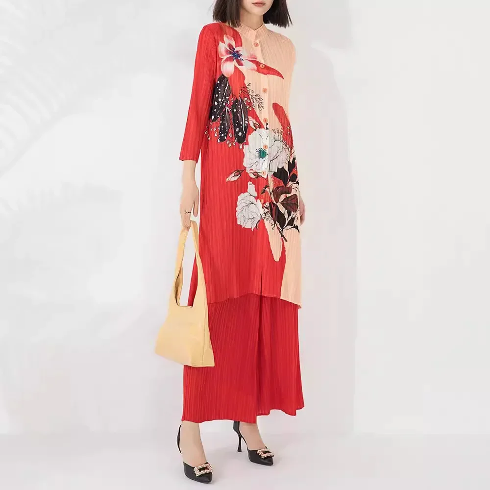 Женский осенний костюм Miyake новинка 2024 года топ на пуговицах с воротником-стойкой