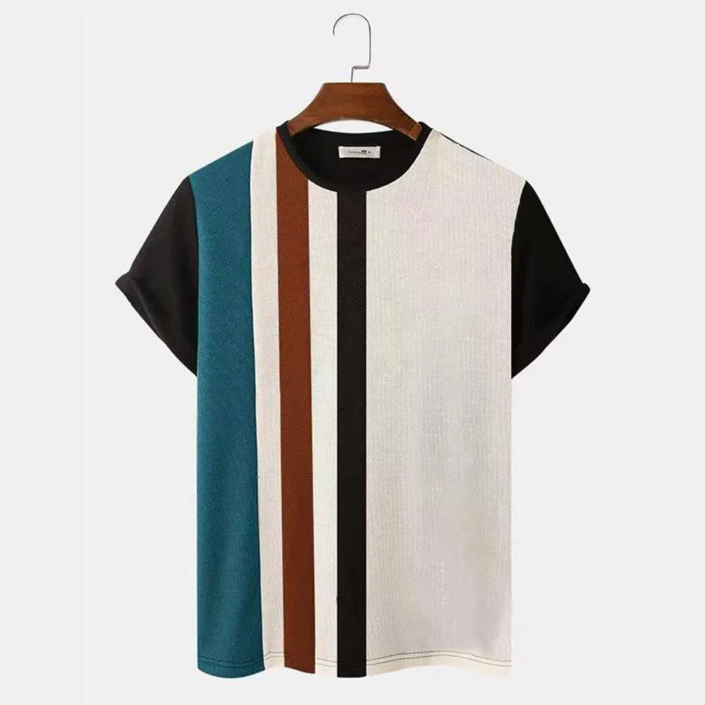 

Striped Printed Shirt Men's T-shirt Patchwork Short Sleeve Tees Simple Style Pullover Summer Cotton Tops Oversized Mens Clothing