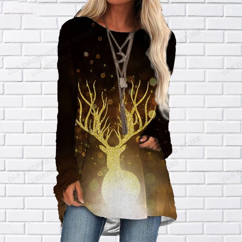 

Golden Elk T Shirt Women Fashion Christmas T-shirts Loose Long Sleeve Tshirt Kawaii Reindeer Print Tops Tees Long Camisetas Red