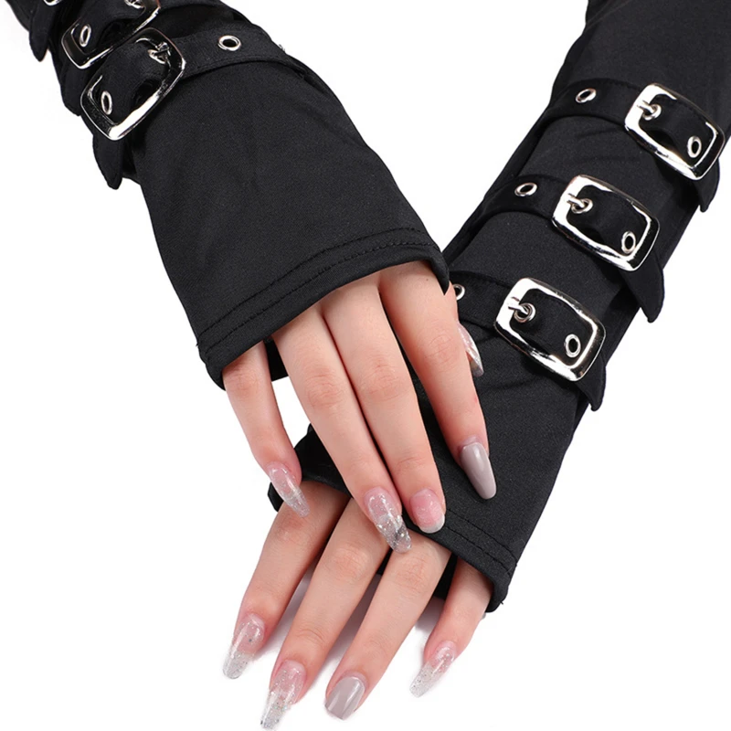 

Women's Fashion Punk Long Fingerless Gloves Gothic Bracers Arm Warmer Buckle Mittens Bondage Metal Straps Gloves Black